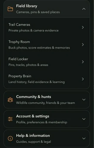 App menu showing Field library and the Community, Account and Help sections