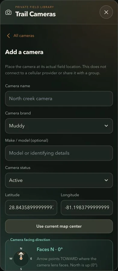 Add camera form with camera details, location and facing direction
