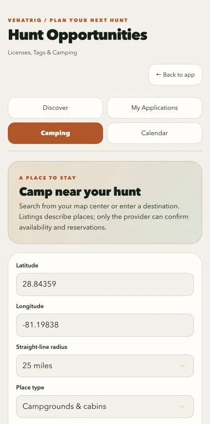 Hunt Opportunities Camping search with demonstration coordinates and distance filter