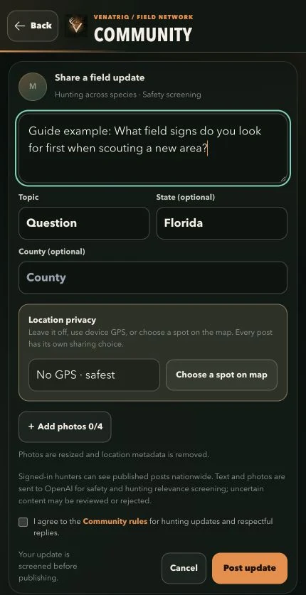 Community draft composer with topic, location privacy and photo controls