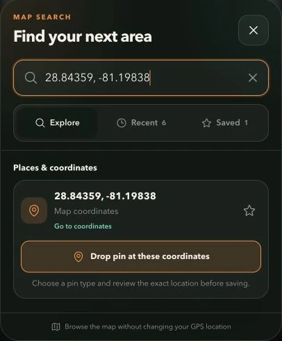 Map search with an approved demonstration coordinate pair and Drop pin action