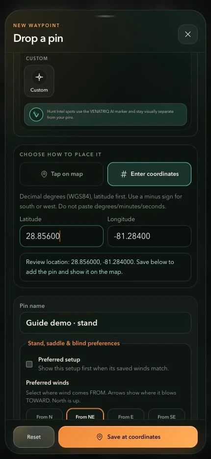 Coordinate pin form with a named demonstration stand and decimal-degree entry