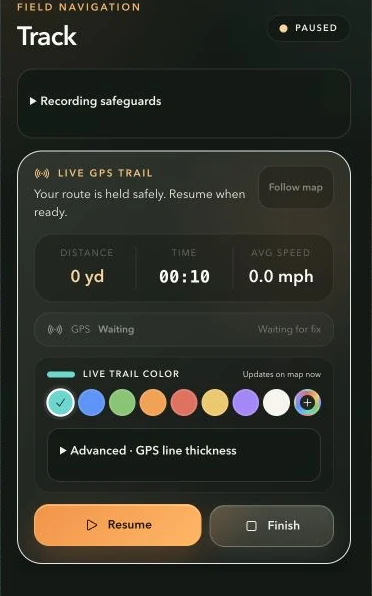 Paused GPS recorder with Resume, Finish and GPS waiting status