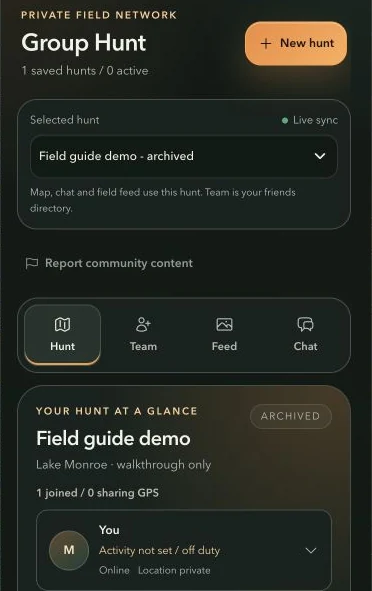 Group Hunt room picker and tabs with an archived demonstration room