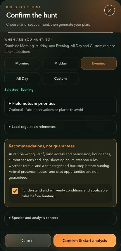 Hunt-plan confirmation sheet with selected hunting period and verification notice