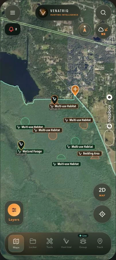 Demonstration hunt plan mapped at Lake Monroe with suggested setups and habitat areas