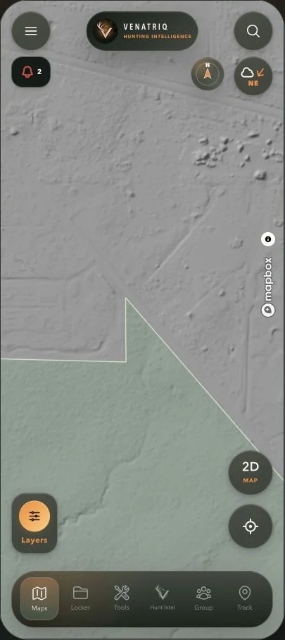 LiDAR terrain view in the VENATRIQ map with field controls and public-land overlay