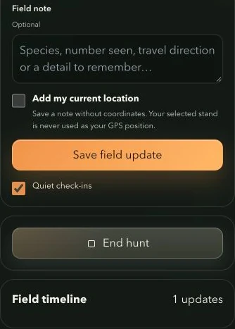 Live Hunt field-note form with optional current location and Save field update control
