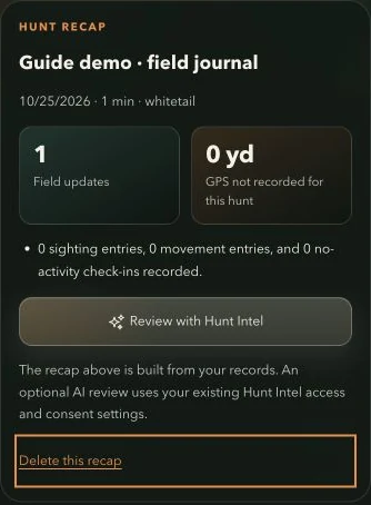 Completed demonstration Live Hunt recap showing one field update and no GPS recording