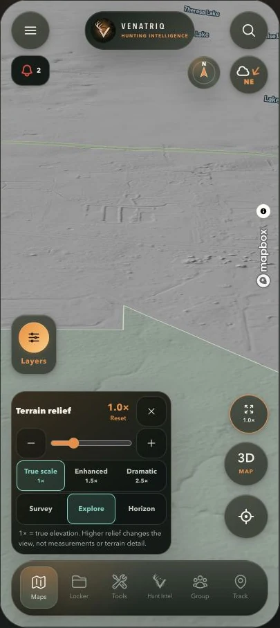 3D terrain map with Terrain relief controls at true-scale 1x