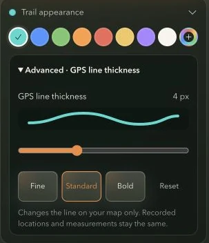 Expanded trail appearance controls with color choices and line-thickness slider