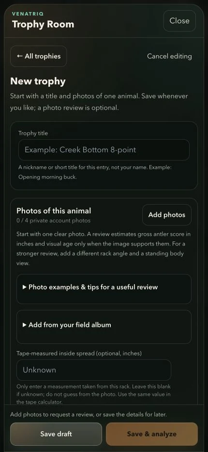 New trophy form with title, Add photos, optional measured spread and save actions