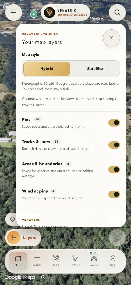 True 3D layer sheet showing Hybrid and Satellite styles and personal overlay switches