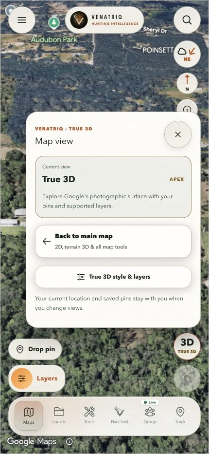 True 3D map-view sheet with Back to main map and style-and-layers actions